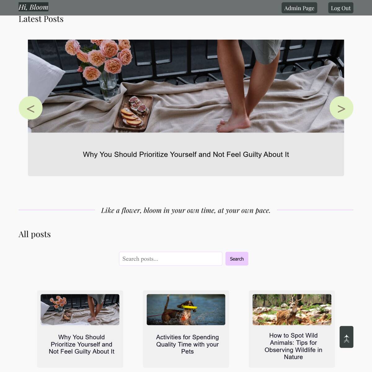 Carousel showcasing the post 'Why You Should Prioritize Yourself and Not Feel Guilty About It,' followed by a grid of blog posts like 'DIY Bath Recipes for a Relaxing Spa Experience at Home.